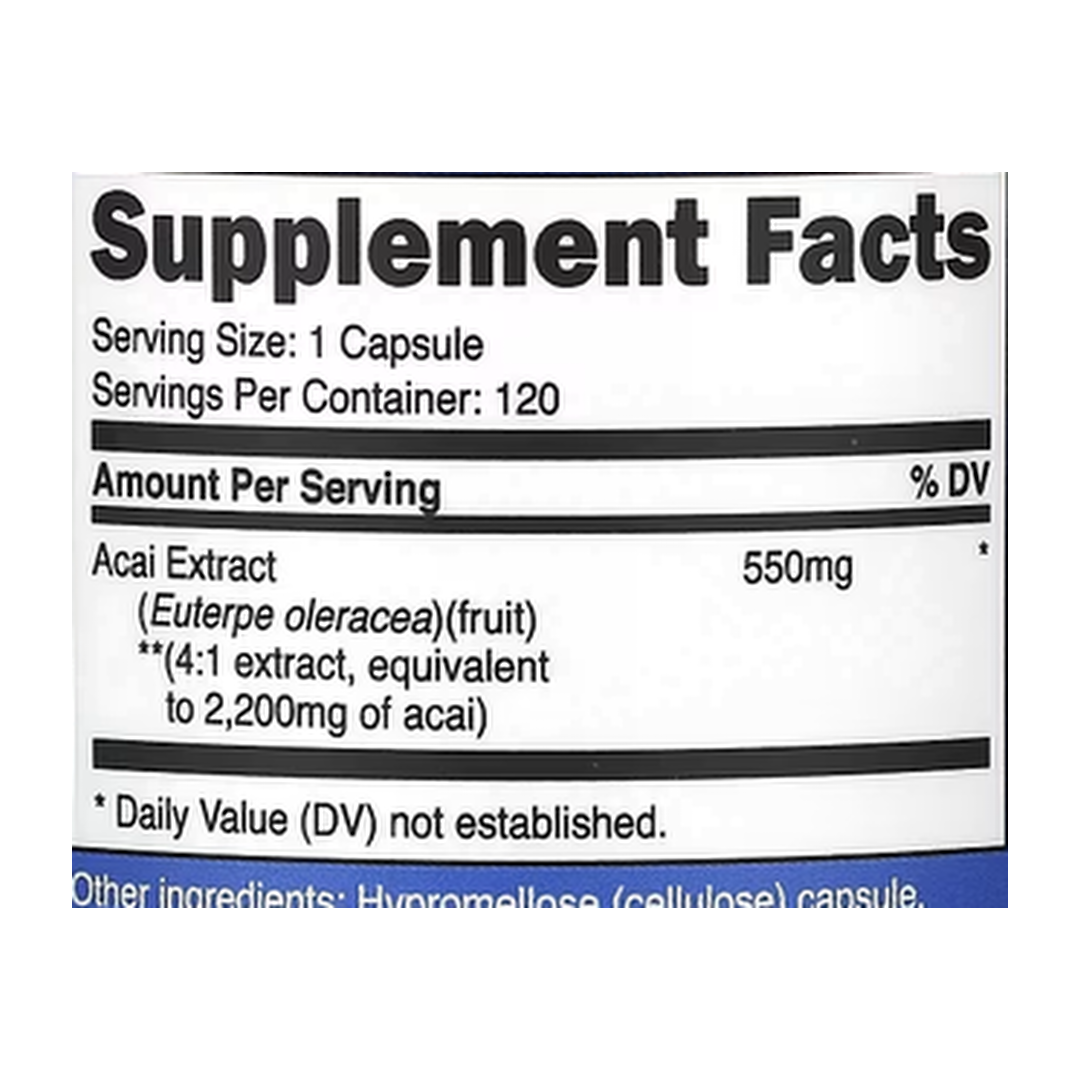 Nutricost, Acai, 2,200 mg, 120 Capsules supplement facts label showing ingredients, vitamins, minerals, and serving information