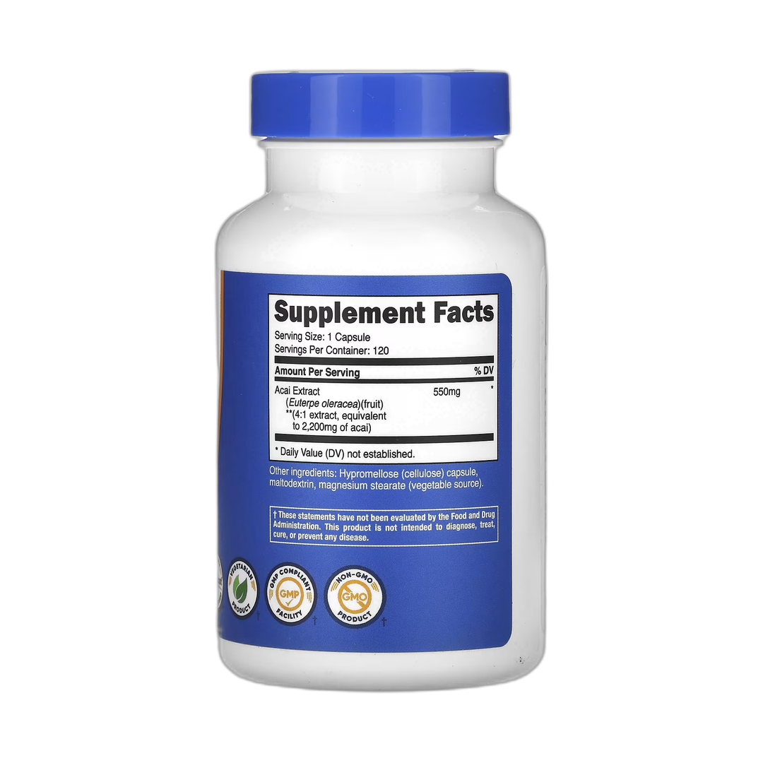 Nutricost, Acai, 2,200 mg, 120 Capsules back packaging view