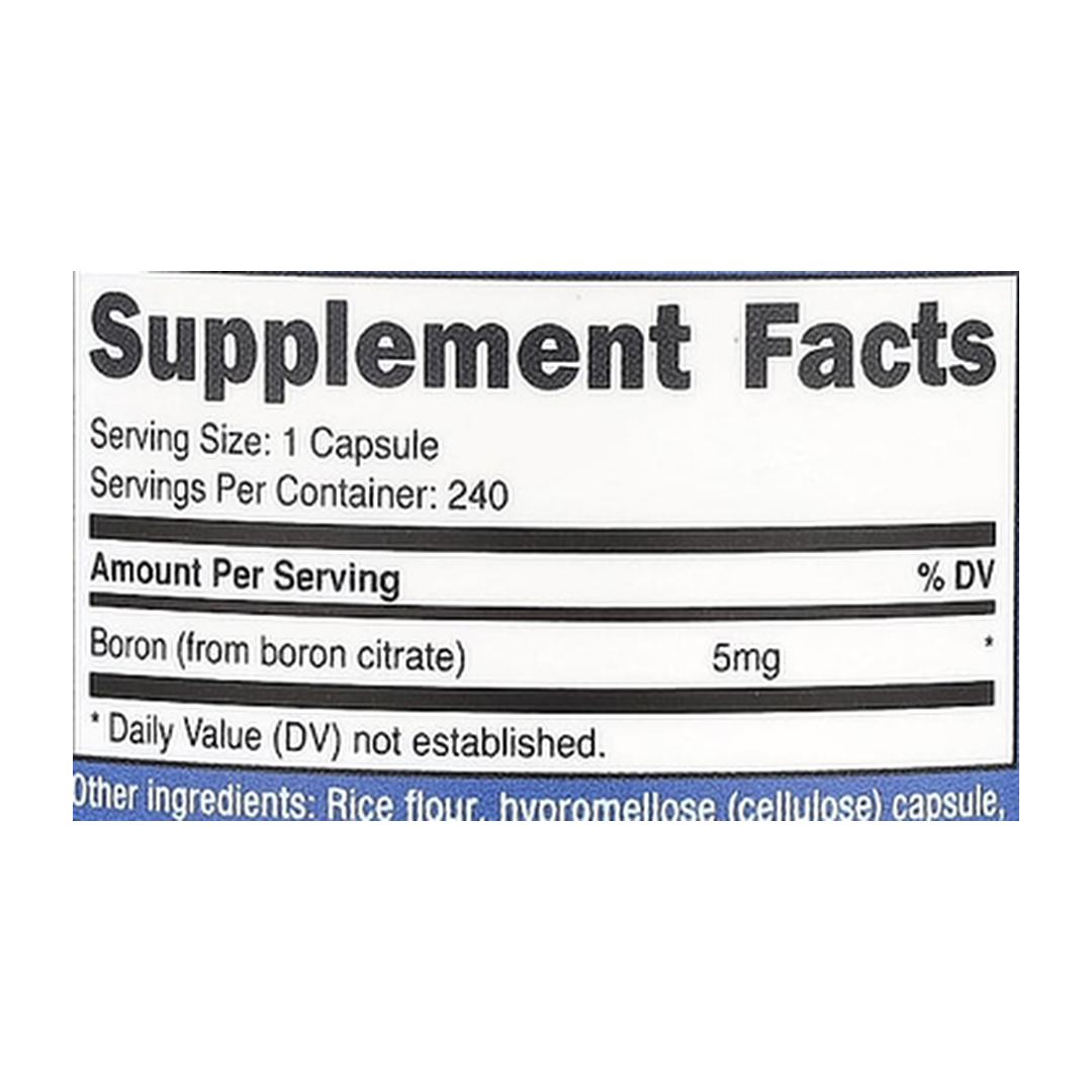 Nutricost, Boron, 5 mg , 240 Capsules supplement facts label showing ingredients, vitamins, minerals, and serving information