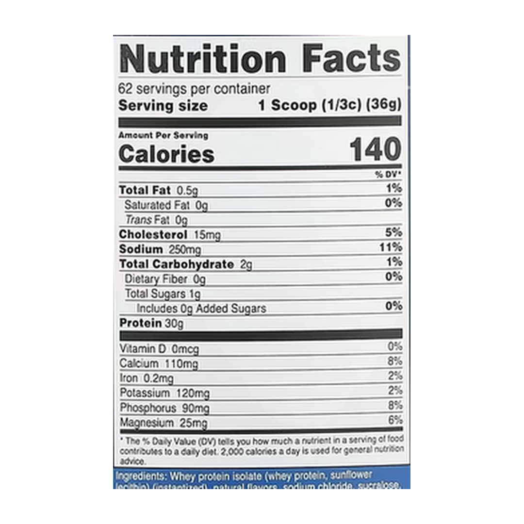 Nutricost, Whey Protein Isolate, Salted Caramel, 5 lb, 2,268 g supplement facts label showing ingredients, vitamins, minerals, and serving information