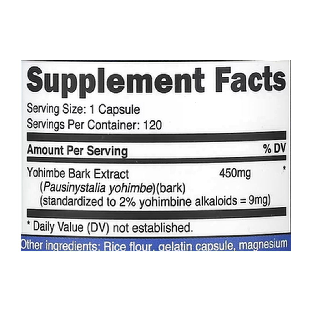 Nutricost, Yohimbe Bark Extract, 9 mg, 120 Capsules supplement facts label showing ingredients, vitamins, minerals, and serving information