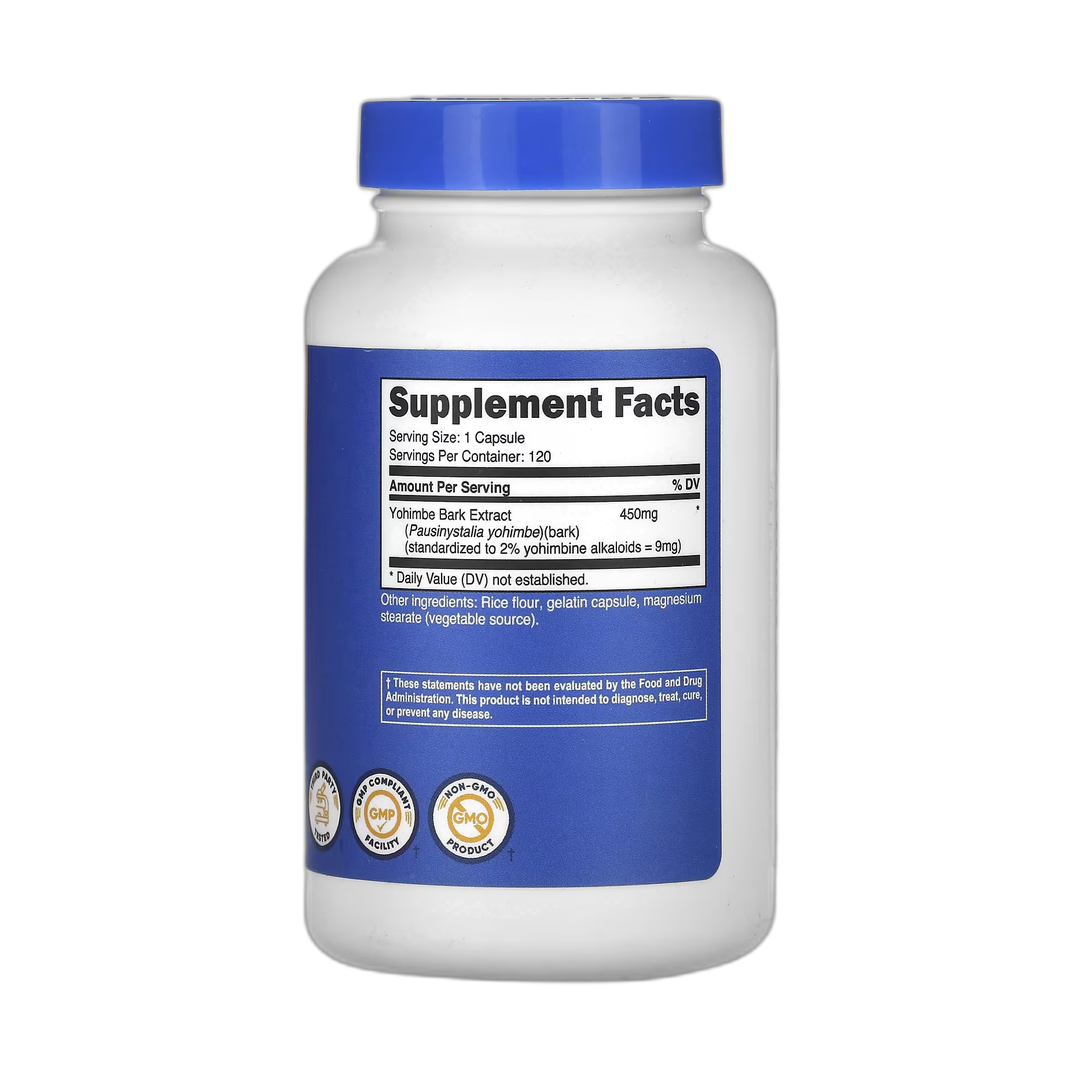 Nutricost, Yohimbe Bark Extract, 9 mg, 120 Capsules back packaging view