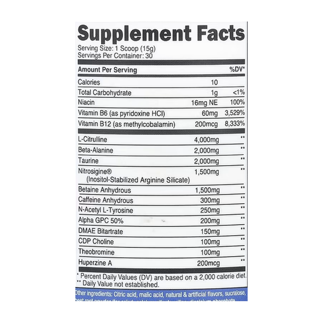 Nutricost, Performance, PRE-X, Xtreme Pre-Workout Complex, Fruit Punch, 1 lb, 453 g supplement facts label showing ingredients, vitamins, minerals, and serving information