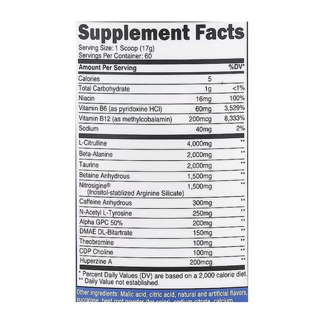 Nutricost, Performance, PRE-X, Xtreme Pre-Workout Complex, Fruit Punch, 2.2 lb, 1,002 g supplement facts label showing ingredients, vitamins, minerals, and serving information