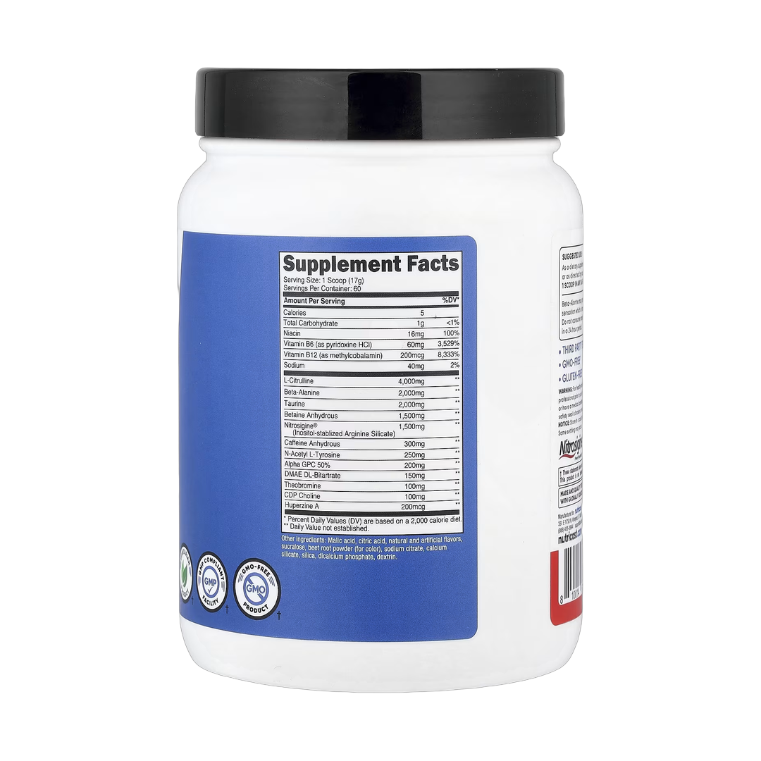Nutricost, Performance, PRE-X, Xtreme Pre-Workout Complex, Fruit Punch, 2.2 lb, 1,002 g back packaging view