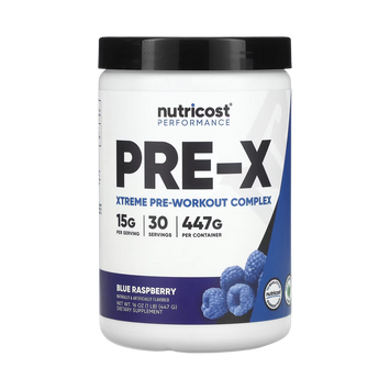 Nutricost, Performance, PRE-X, Xtreme Pre-Workout Complex, Blue Raspberry, 1 lb, 447 g front packaging view