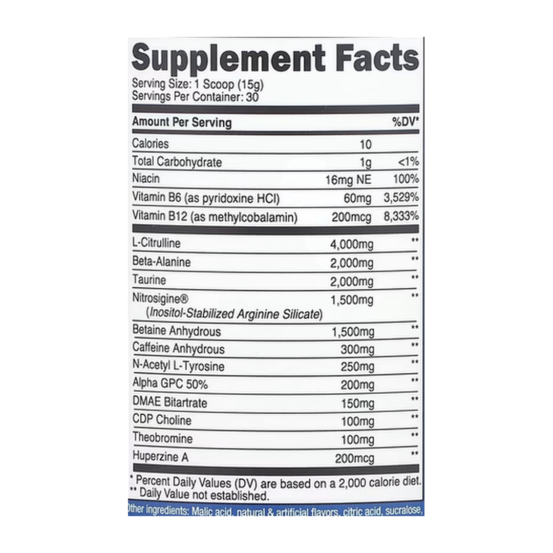 Nutricost, Performance, PRE-X, Xtreme Pre-Workout Complex, Blue Raspberry, 1 lb, 447 g supplement facts label showing ingredients, vitamins, minerals, and serving information