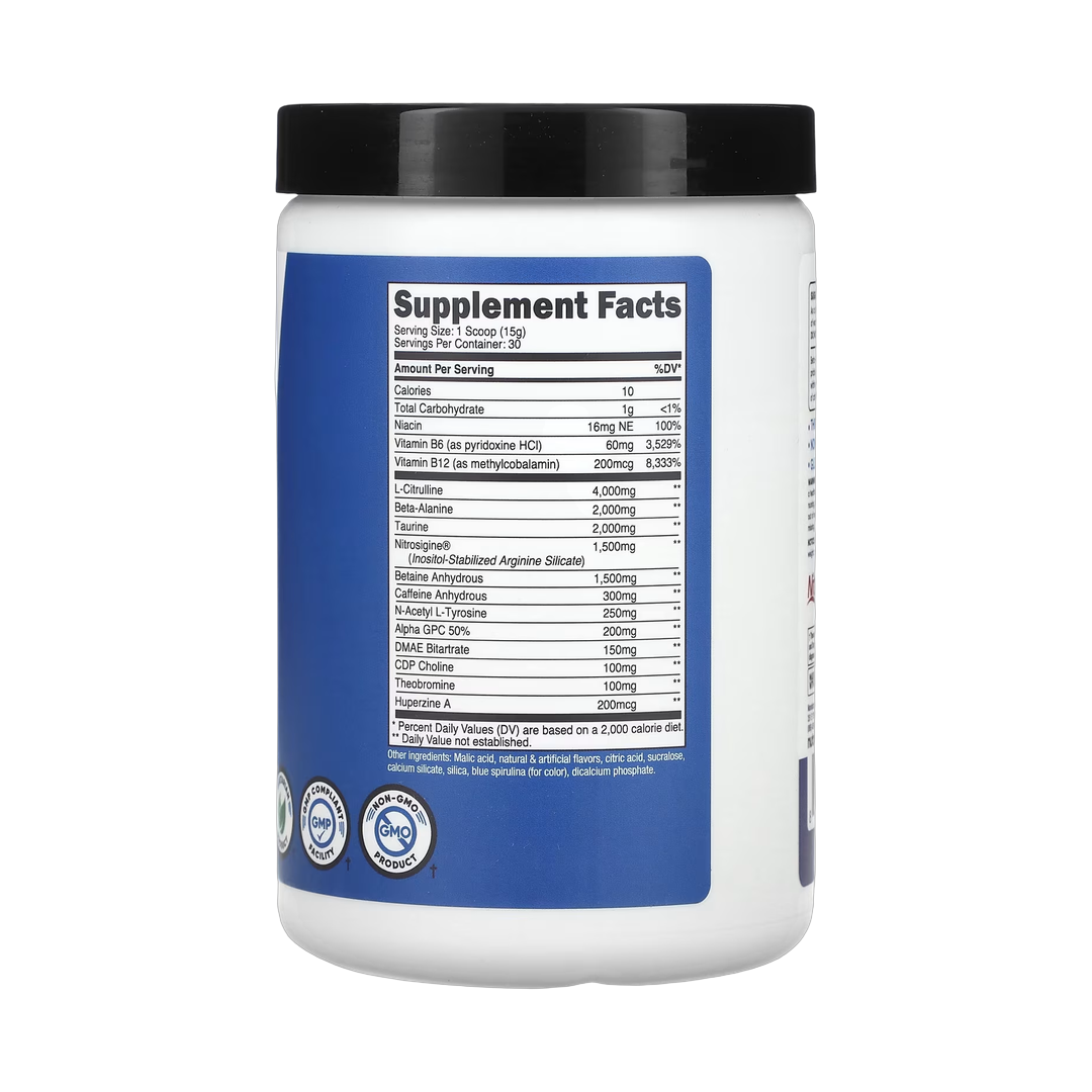 Nutricost, Performance, PRE-X, Xtreme Pre-Workout Complex, Blue Raspberry, 1 lb, 447 g back packaging view