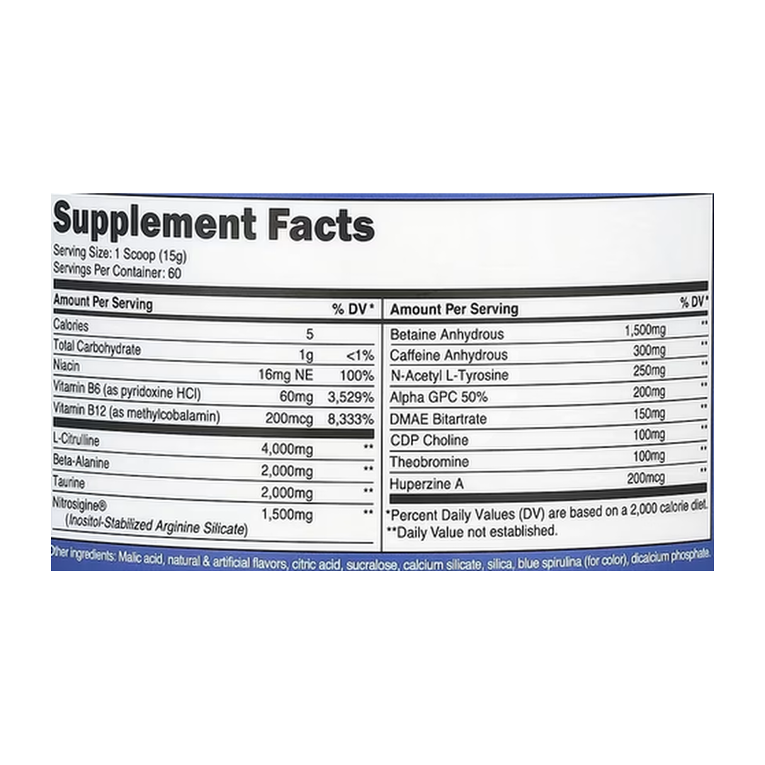 Nutricost, Performance, PRE-X, Xtreme Pre-Workout Complex, Blue Raspberry, 2 lb, 894 g supplement facts label showing ingredients, vitamins, minerals, and serving information