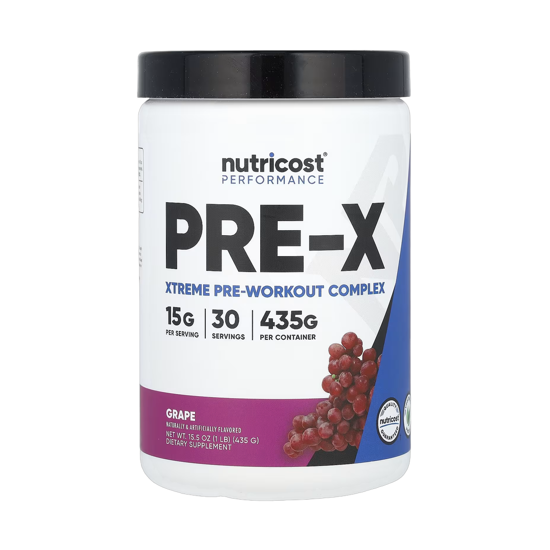 Nutricost, Performance, PRE-X, Xtreme Pre-Workout Complex, Grape, 1 lb, 435 g front packaging view
