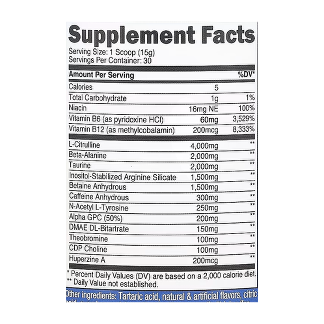 Nutricost, Performance, PRE-X, Xtreme Pre-Workout Complex, Grape, 1 lb, 435 g supplement facts label showing ingredients, vitamins, minerals, and serving information