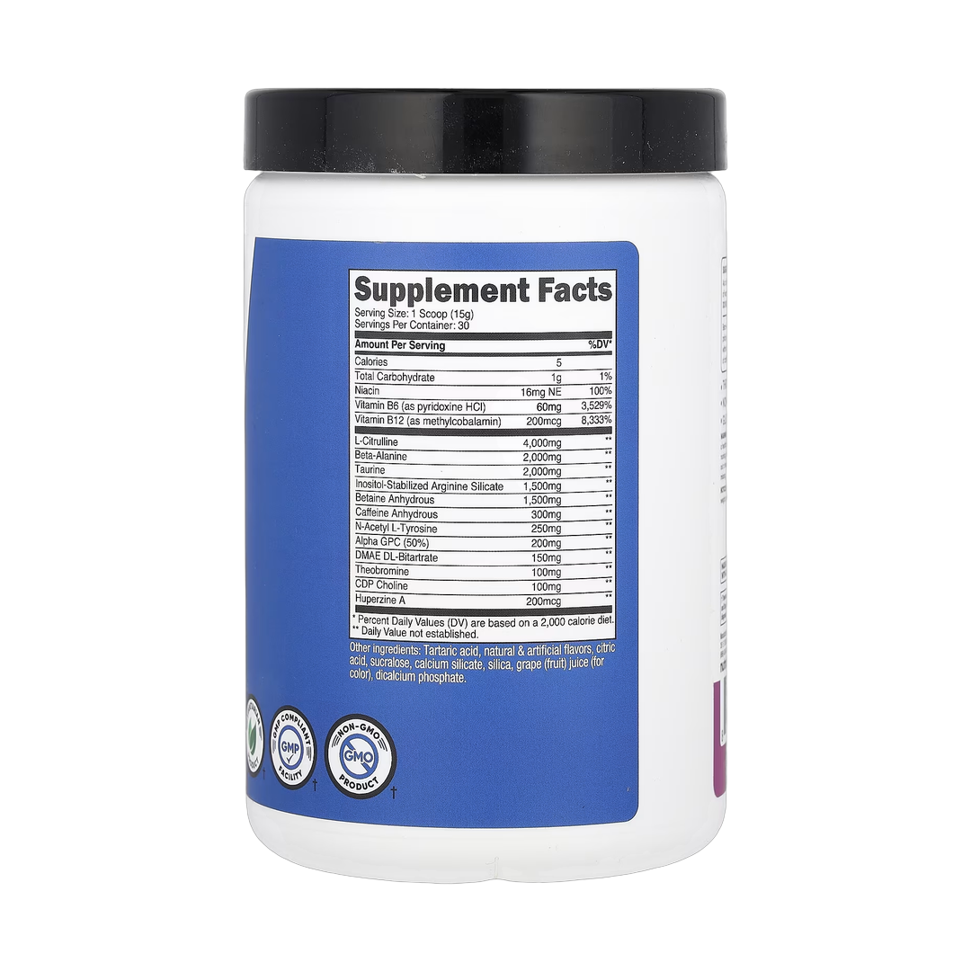 Nutricost, Performance, PRE-X, Xtreme Pre-Workout Complex, Grape, 1 lb, 435 g back packaging view