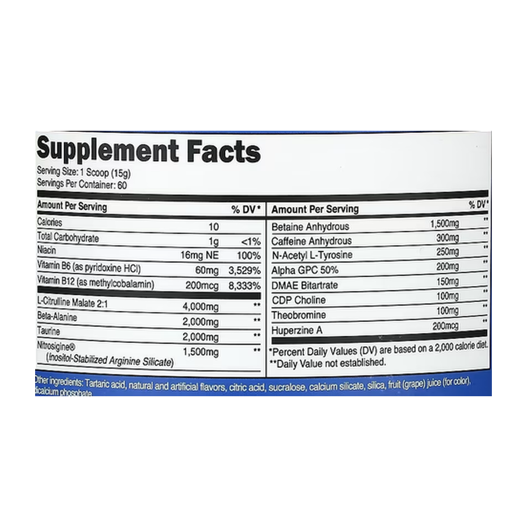 Nutricost, Performance, PRE-X, Xtreme Pre-Workout Complex, Grape, 1.9 lb, 870 g supplement facts label showing ingredients, vitamins, minerals, and serving information