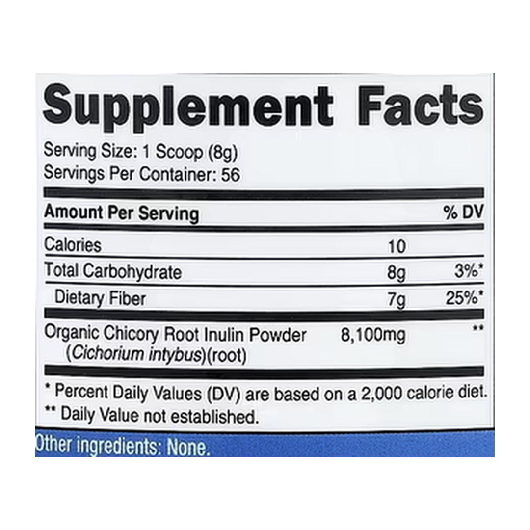 Nutricost, Organic Inulin Powder, Unflavored, 16.2 oz, 454 g supplement facts label showing ingredients, vitamins, minerals, and serving information