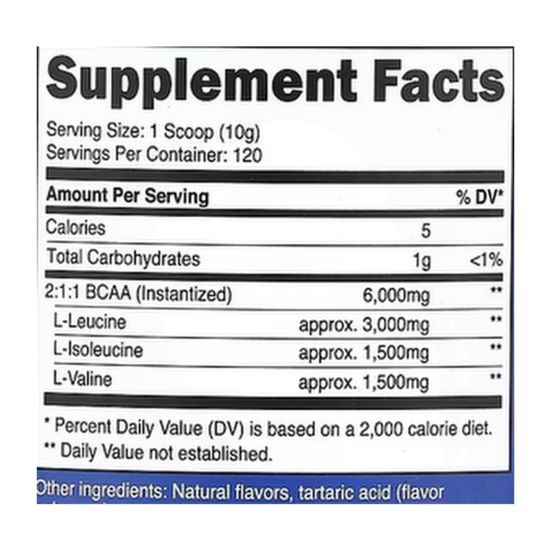 Nutricost, Performance, BCAA, Grape, 2.5 lb, 1,164 g supplement facts label showing ingredients, vitamins, minerals, and serving information