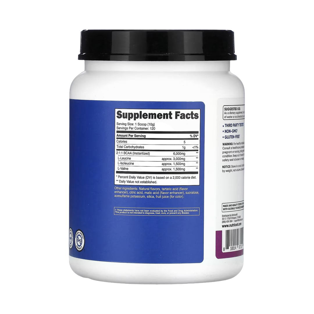 Nutricost, Performance, BCAA, Grape, 2.5 lb, 1,164 g back packaging view