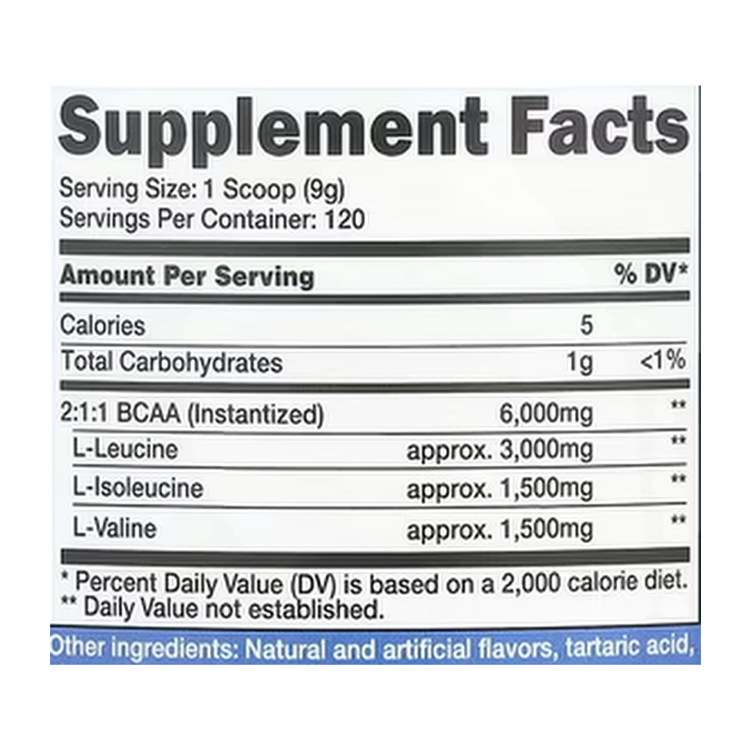 Nutricost, Performance, BCAA, Watermelon, 2.5 lb, 1,116 g supplement facts label showing ingredients, vitamins, minerals, and serving information