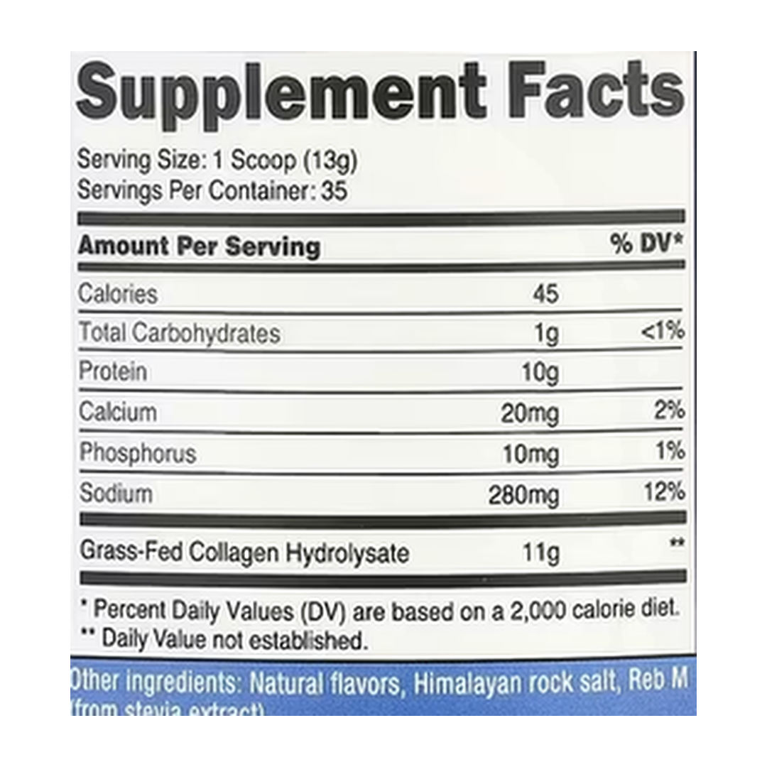 Nutricost, Collagen Hydrolysate, Salted Caramel, 16.2 oz, 454 g supplement facts label showing ingredients, vitamins, minerals, and serving information