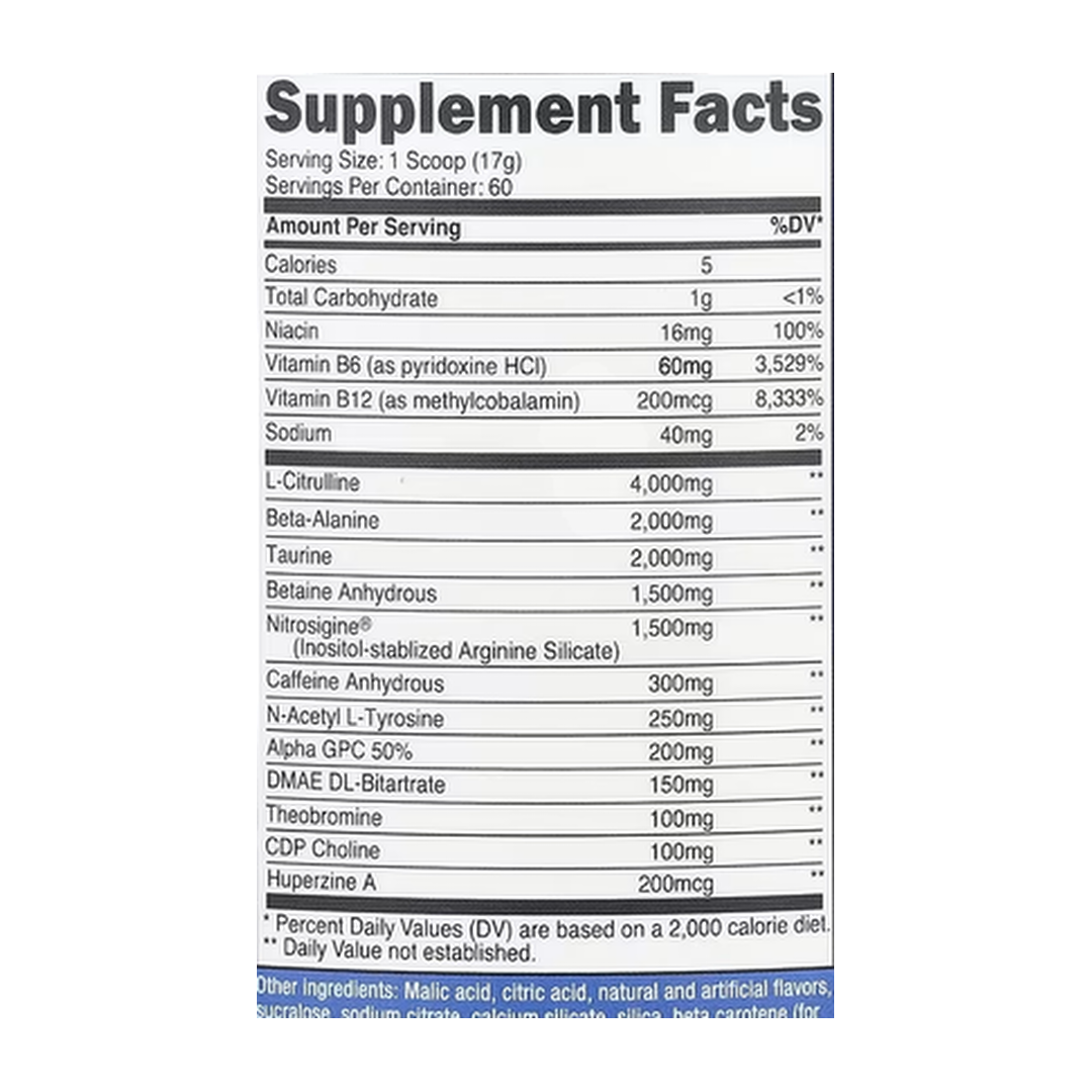 Nutricost, Performance, PRE-X, Xtreme Pre-Workout Complex, Peach Mango, 2.3 lb, 1,014 g supplement facts label showing ingredients, vitamins, minerals, and serving information
