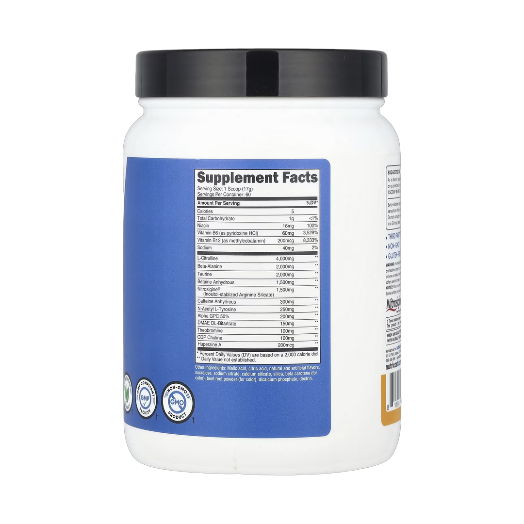 Nutricost, Performance, PRE-X, Xtreme Pre-Workout Complex, Peach Mango, 2.3 lb, 1,014 g back packaging view