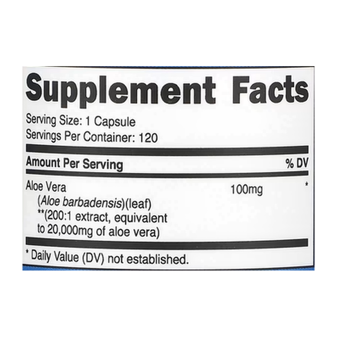 Nutricost, Aloe Vera, 20,000 mg , 120 Capsules supplement facts label showing ingredients, vitamins, minerals, and serving information