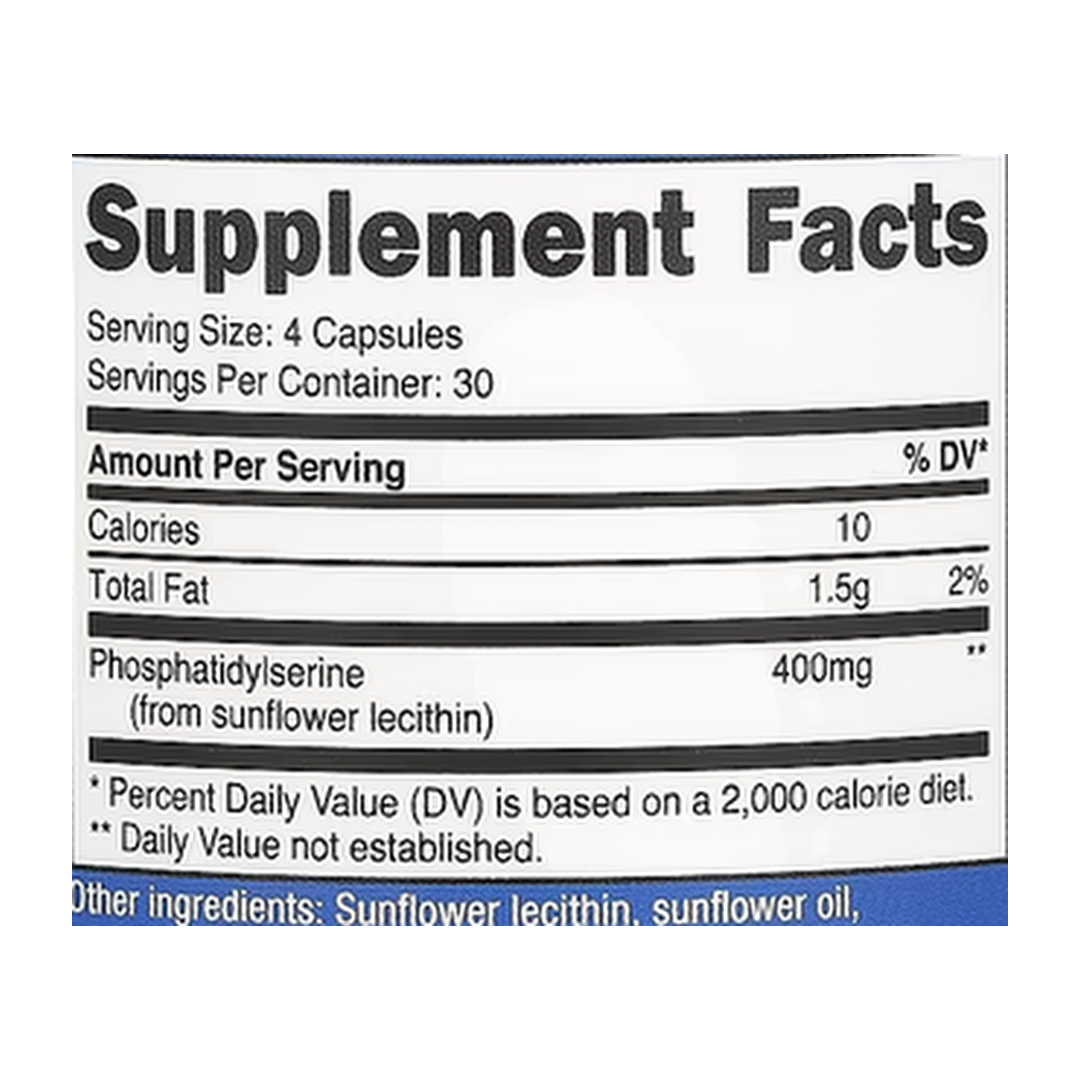 Nutricost, Phosphatidyl Serine, 120 Capsules supplement facts label showing ingredients, vitamins, minerals, and serving information