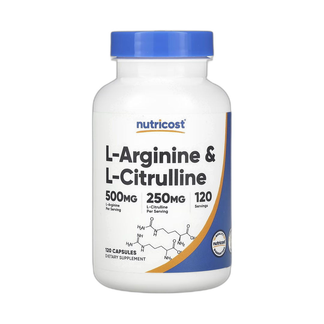 Nutricost, L-Arginine & L-Citrulline, 120 Capsules front packaging view