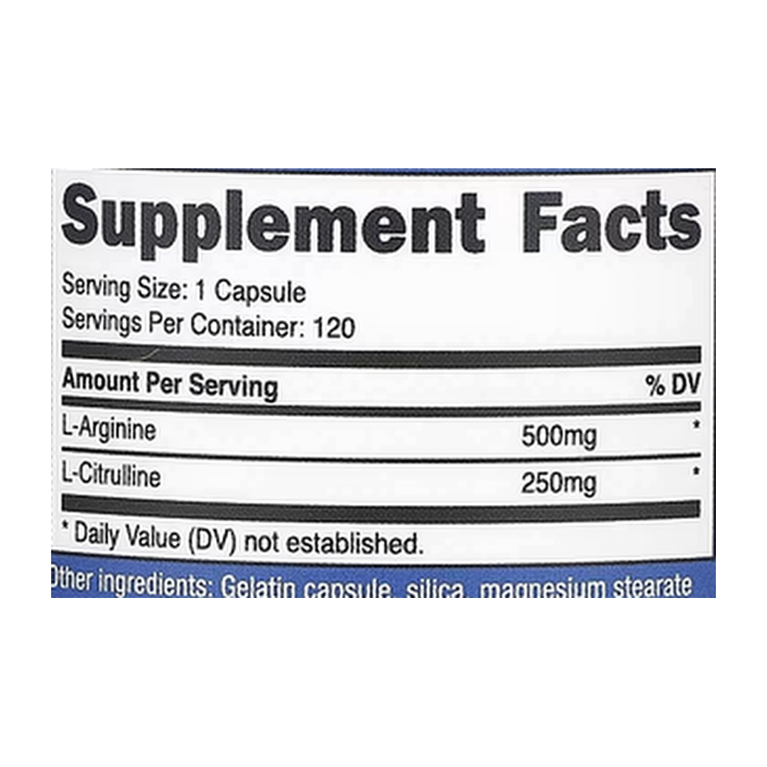 Nutricost, L-Arginine & L-Citrulline, 120 Capsules supplement facts label showing ingredients, vitamins, minerals, and serving information