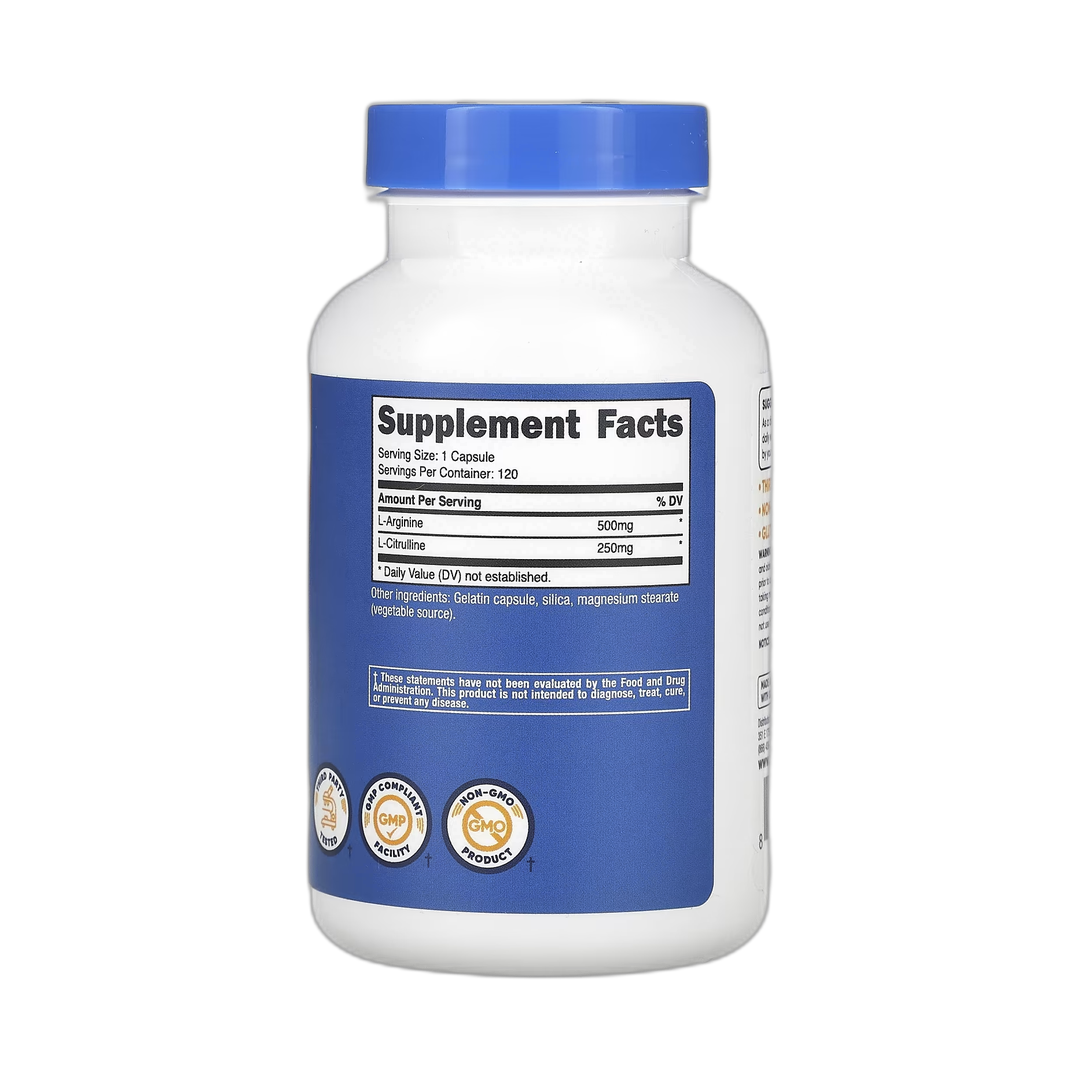 Nutricost, L-Arginine & L-Citrulline, 120 Capsules back packaging view