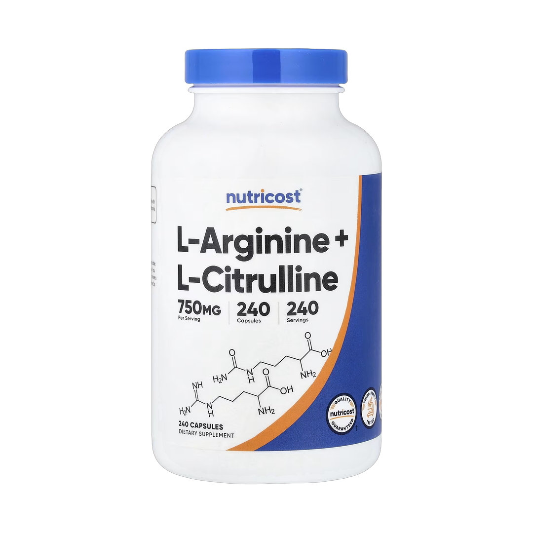 Nutricost, L-Arginine + L-Citrulline, 240 Capsules front packaging view