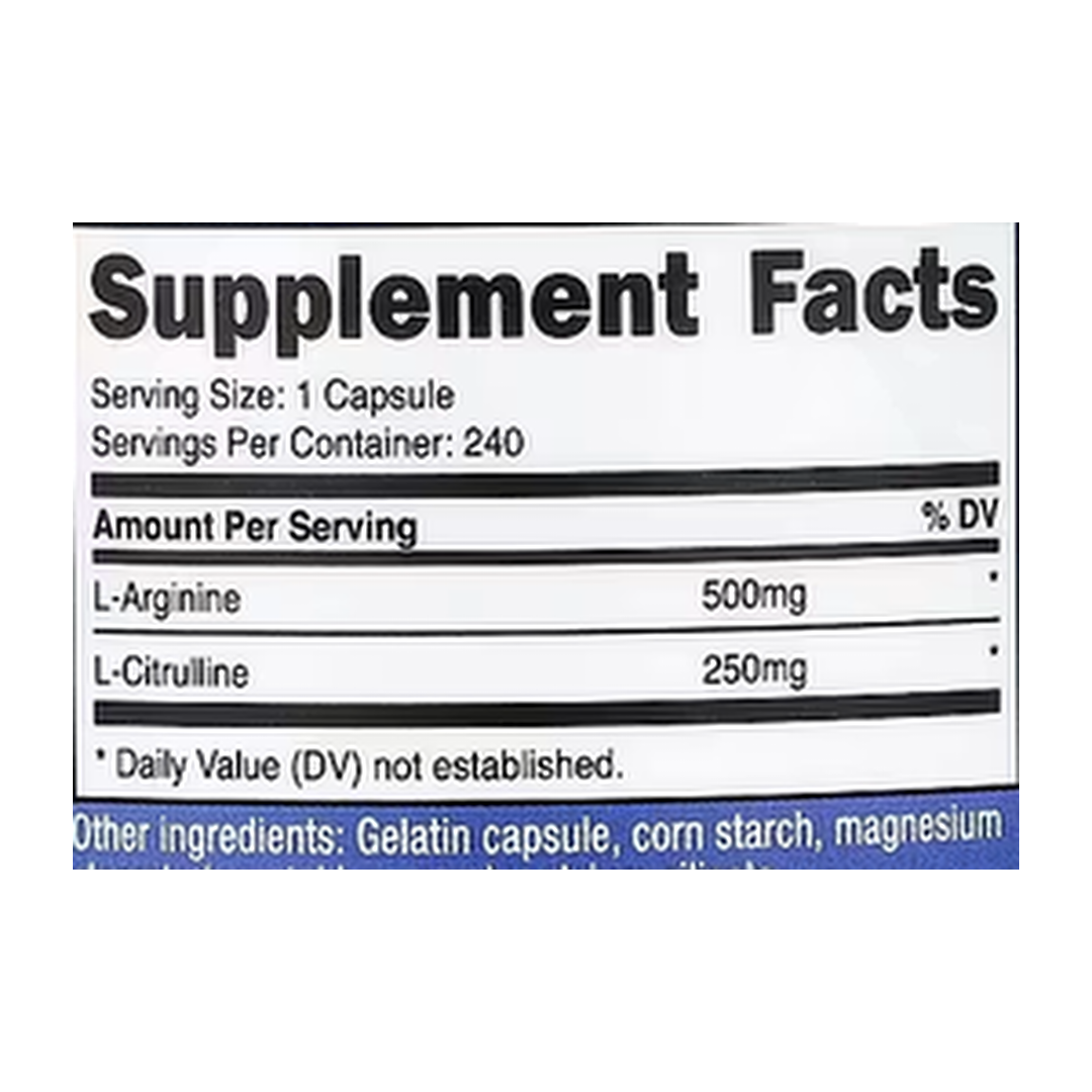 Nutricost, L-Arginine + L-Citrulline, 240 Capsules supplement facts label showing ingredients, vitamins, minerals, and serving information