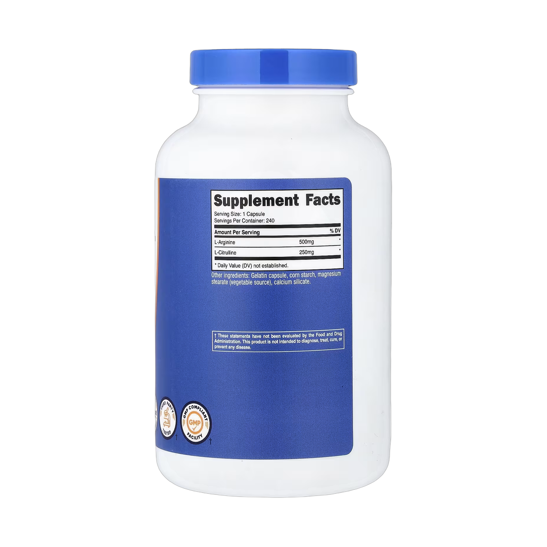 Nutricost, L-Arginine + L-Citrulline, 240 Capsules back packaging view