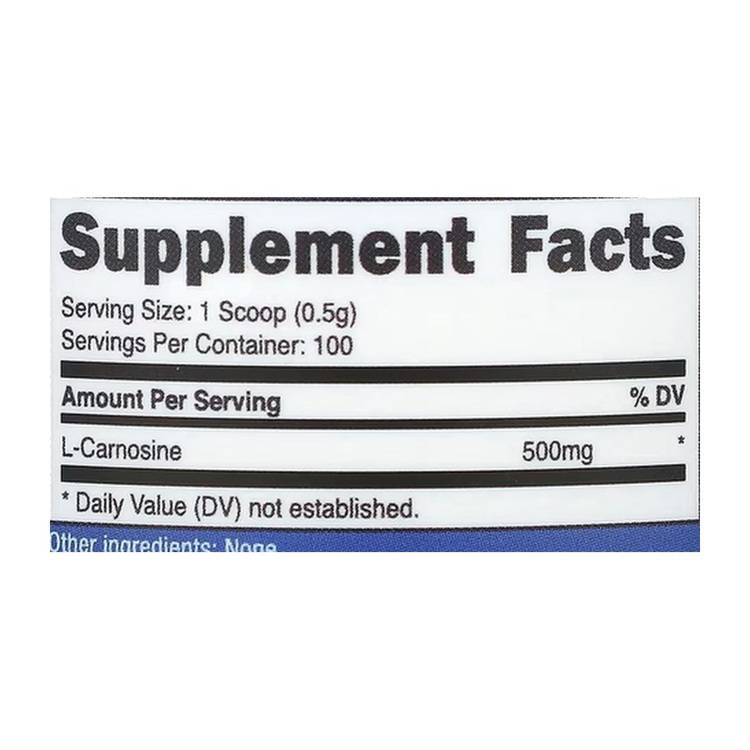 Nutricost, L-Carnosine, Unflavored, 1.8 oz, 50 g supplement facts label showing ingredients, vitamins, minerals, and serving information