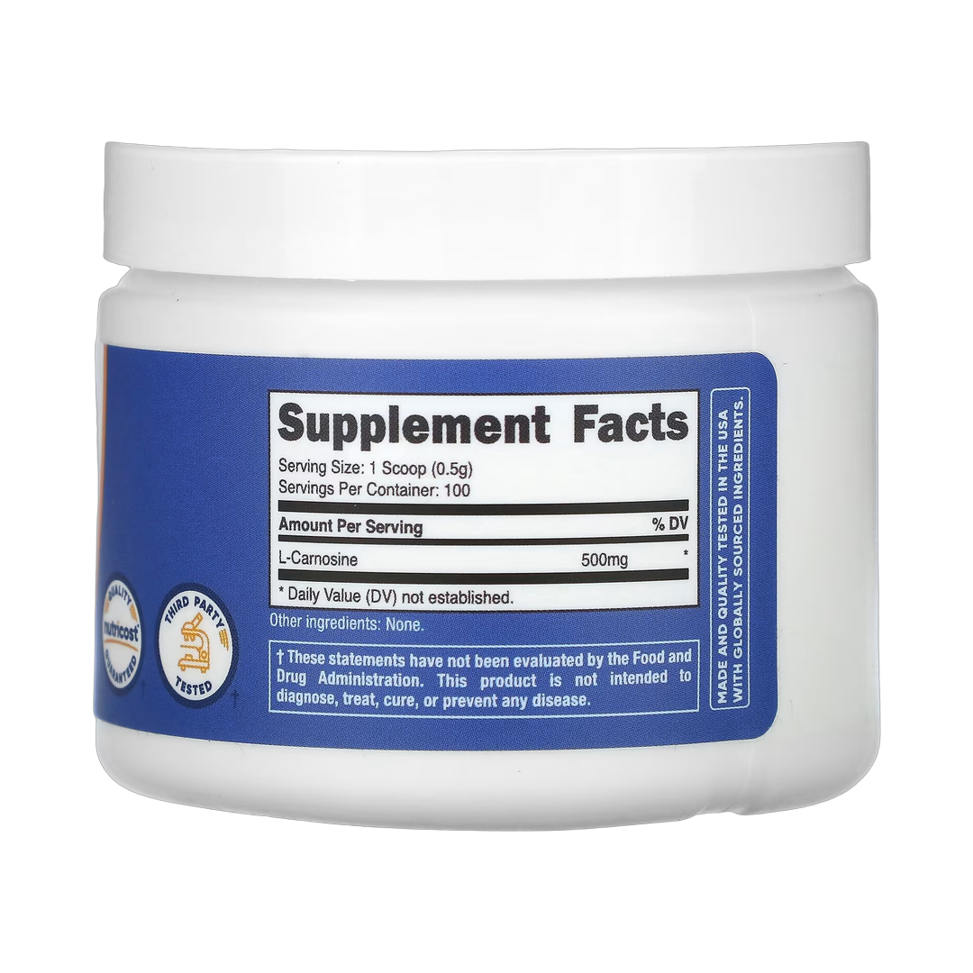 Nutricost, L-Carnosine, Unflavored, 1.8 oz, 50 g back packaging view