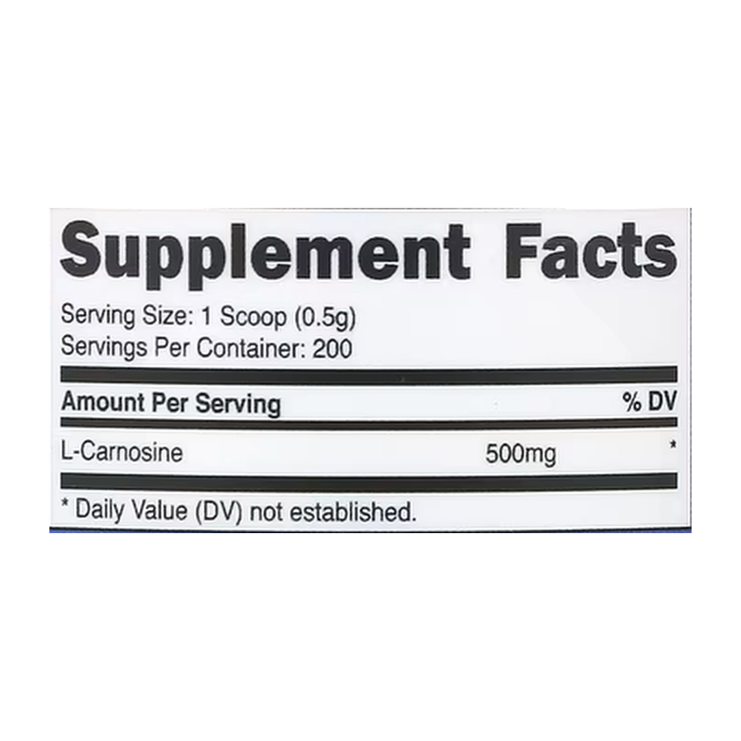 Nutricost, L-Carnosine, Unflavored, 3.5 oz, 100 g supplement facts label showing ingredients, vitamins, minerals, and serving information