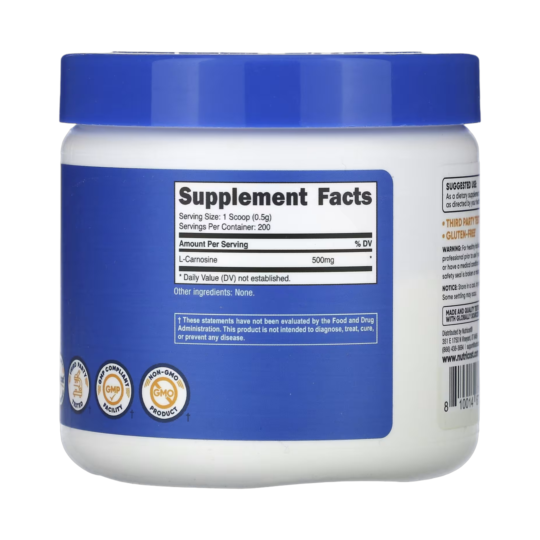 Nutricost, L-Carnosine, Unflavored, 3.5 oz, 100 g back packaging view