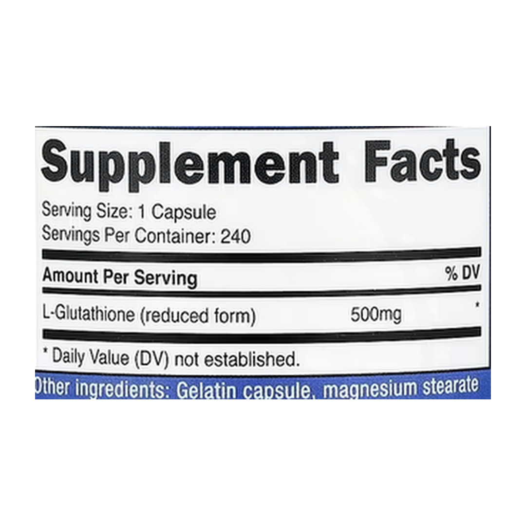 Nutricost, Glutathione, 500 mg, 240 Capsules supplement facts label showing ingredients, vitamins, minerals, and serving information