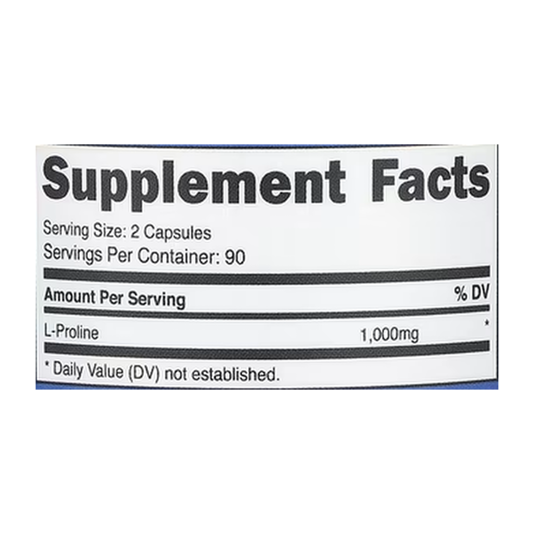 Nutricost, L-Proline, 180 Capsules supplement facts label showing ingredients, vitamins, minerals, and serving information