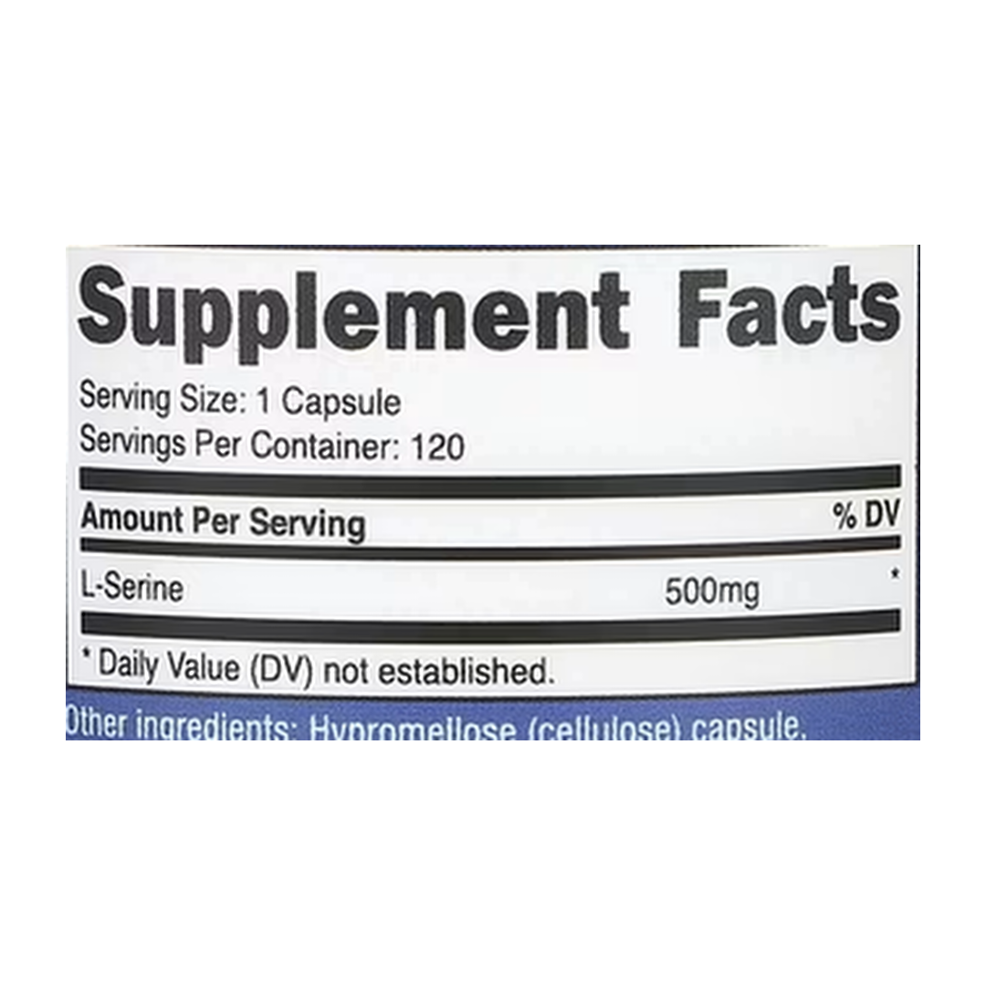 Nutricost, L-Serine, 500 mg, 120 Capsules supplement facts label showing ingredients, vitamins, minerals, and serving information