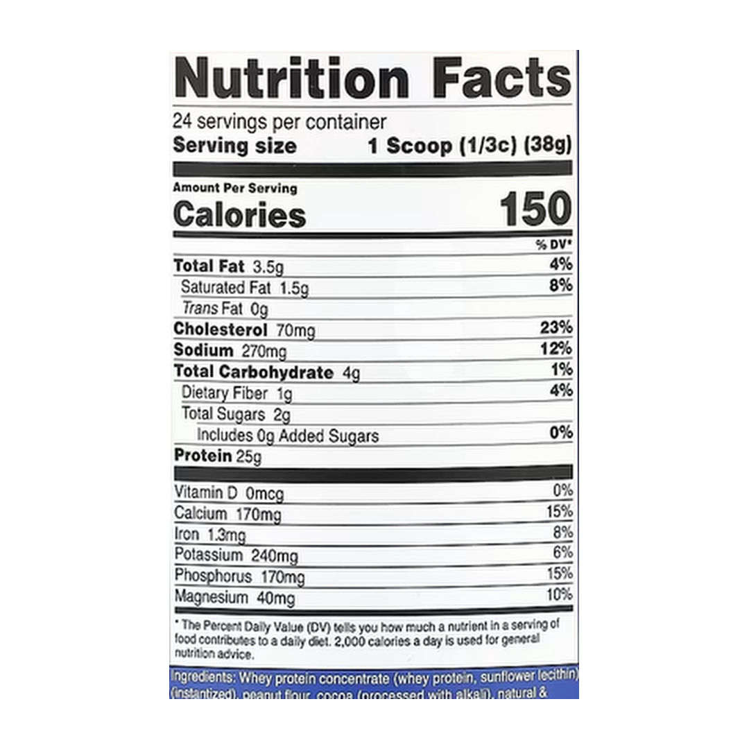 Nutricost, Whey Protein, Chocolate PB, 2 lb, 907 g supplement facts label showing ingredients, vitamins, minerals, and serving information