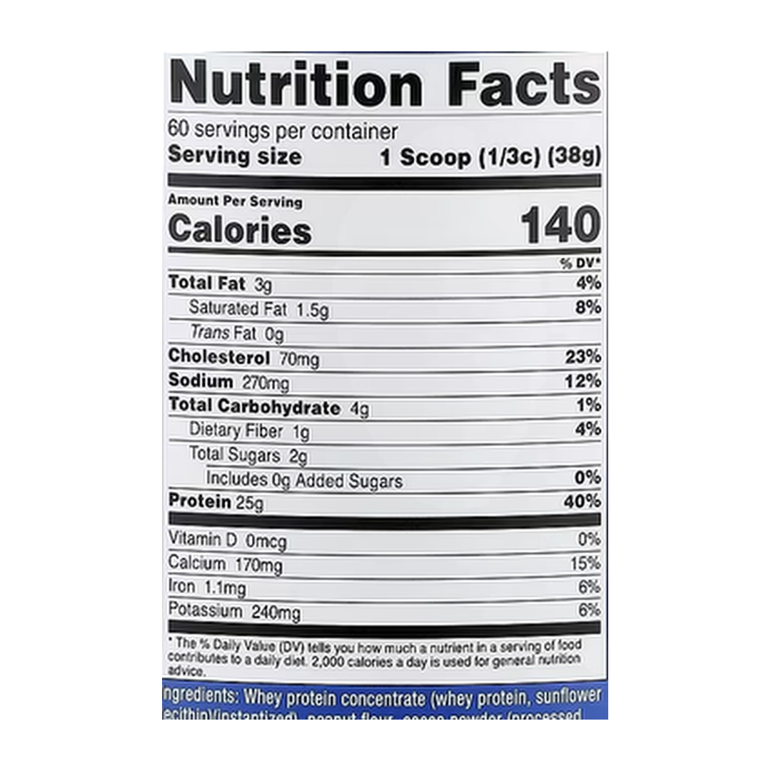 Nutricost, Whey Protein Concentrate, Chocolate PB, 5 lb, 2,268 g supplement facts label showing ingredients, vitamins, minerals, and serving information