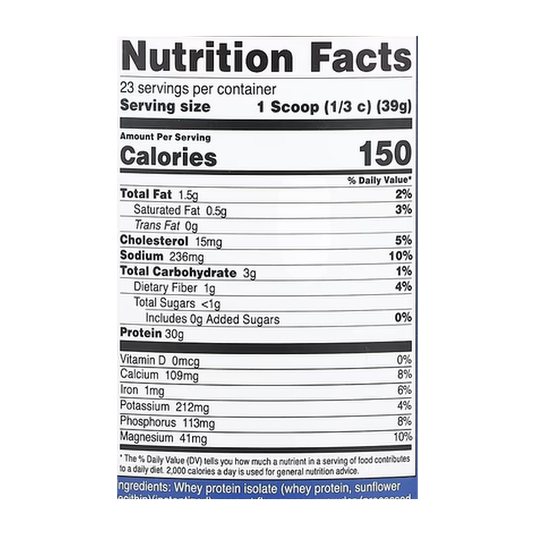 Nutricost, Whey Protein Isolate, Chocolate PB, 2 lb, 907 g supplement facts label showing ingredients, vitamins, minerals, and serving information