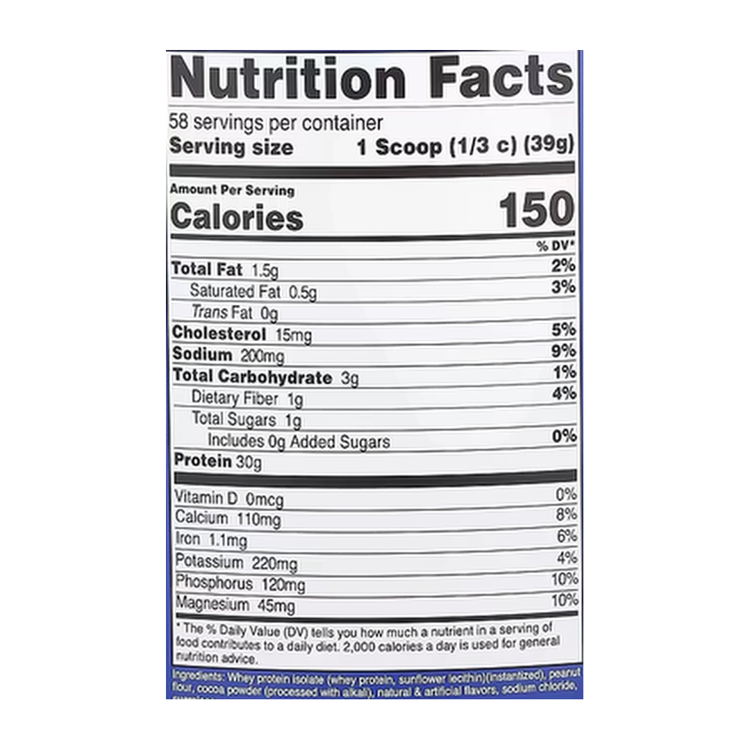Nutricost, Whey Protein Isolate, Chocolate PB, 5 lb, 2,268 g supplement facts label showing ingredients, vitamins, minerals, and serving information
