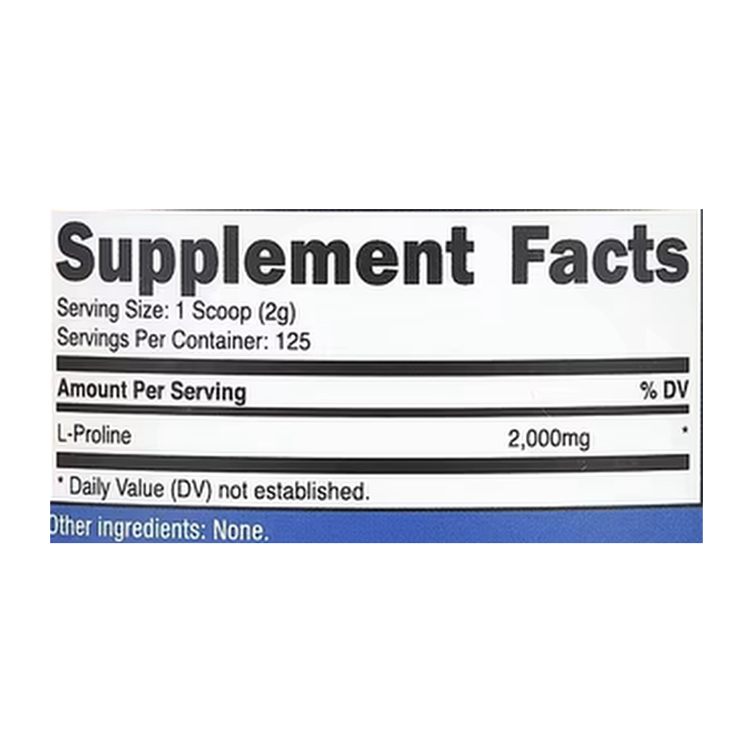 Nutricost, L-Proline, Unflavored, 8.8 oz, 250 g supplement facts label showing ingredients, vitamins, minerals, and serving information