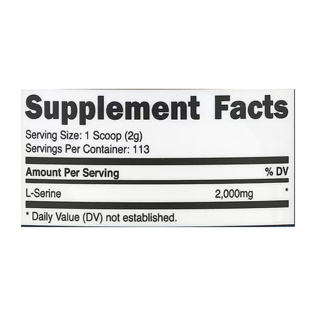 Nutricost, L-Serine Powder, Unflavored, 8 oz, 227 g supplement facts label showing ingredients, vitamins, minerals, and serving information