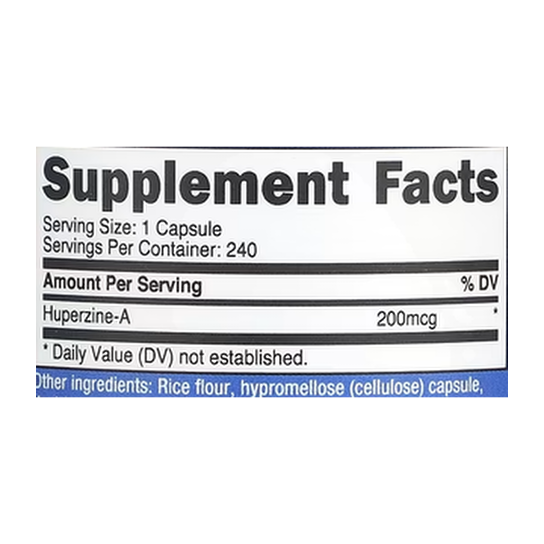 Nutricost, Huperzine-A, 200 mcg , 240 Capsules supplement facts label showing ingredients, vitamins, minerals, and serving information