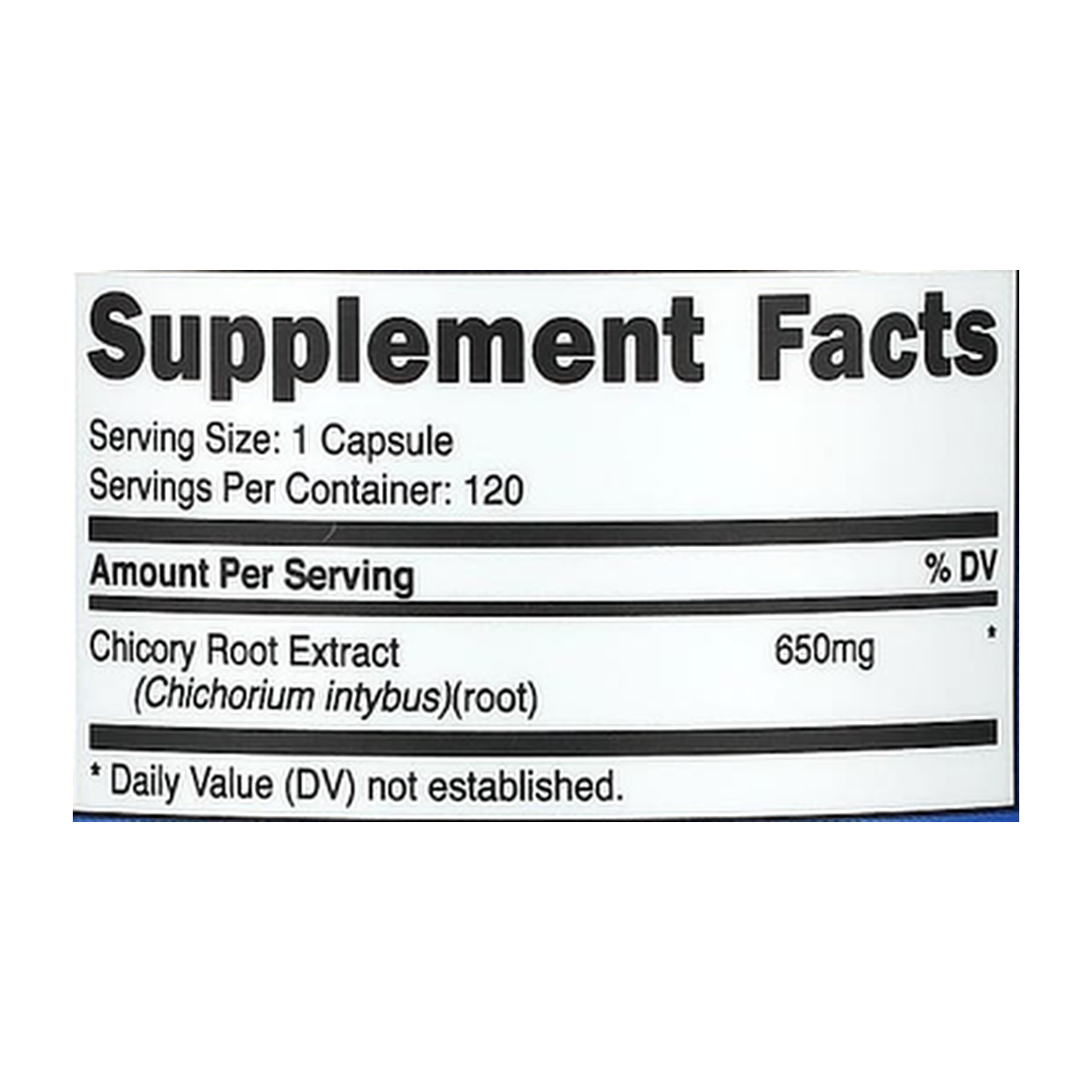 Nutricost, Chicory Root, 650 mg, 120 Capsules supplement facts label showing ingredients, vitamins, minerals, and serving information