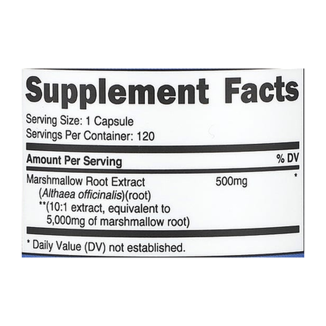 Nutricost, Marshmallow Root, 5,000 mg, 120 Capsules supplement facts label showing ingredients, vitamins, minerals, and serving information