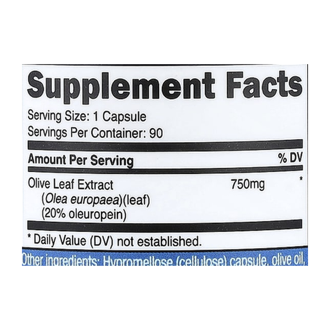 Nutricost, Olive Leaf Extract, 750 mg, 90 Capsules supplement facts label showing ingredients, vitamins, minerals, and serving information