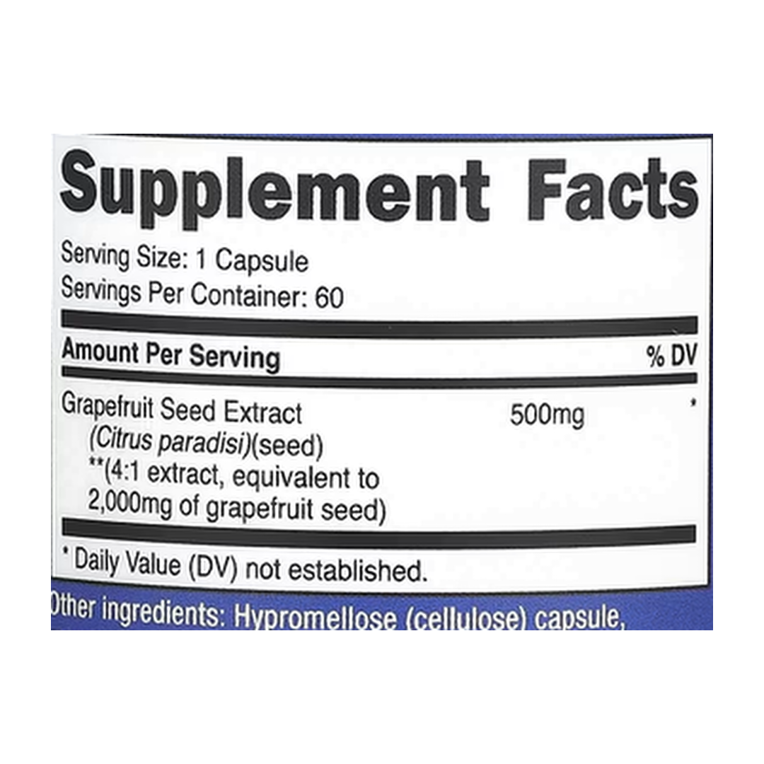 Nutricost, Grapefruit Seed Extract, 2,000 mg, 60 Capsules supplement facts label showing ingredients, vitamins, minerals, and serving information